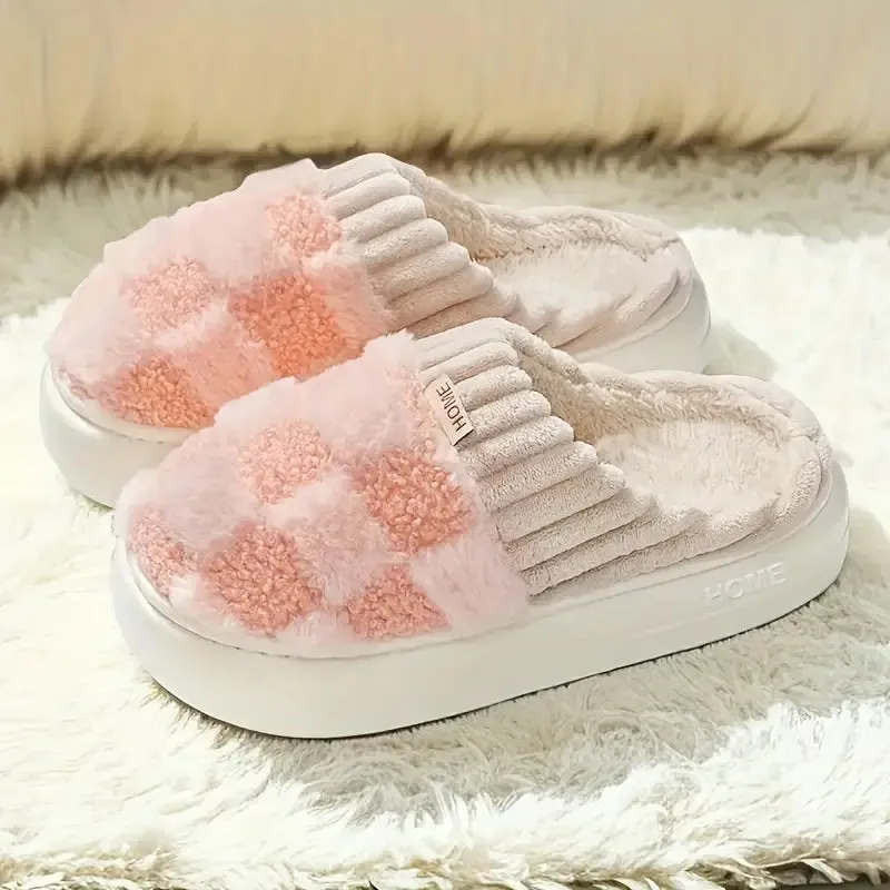 Checkered Fluffy Warm Slippers