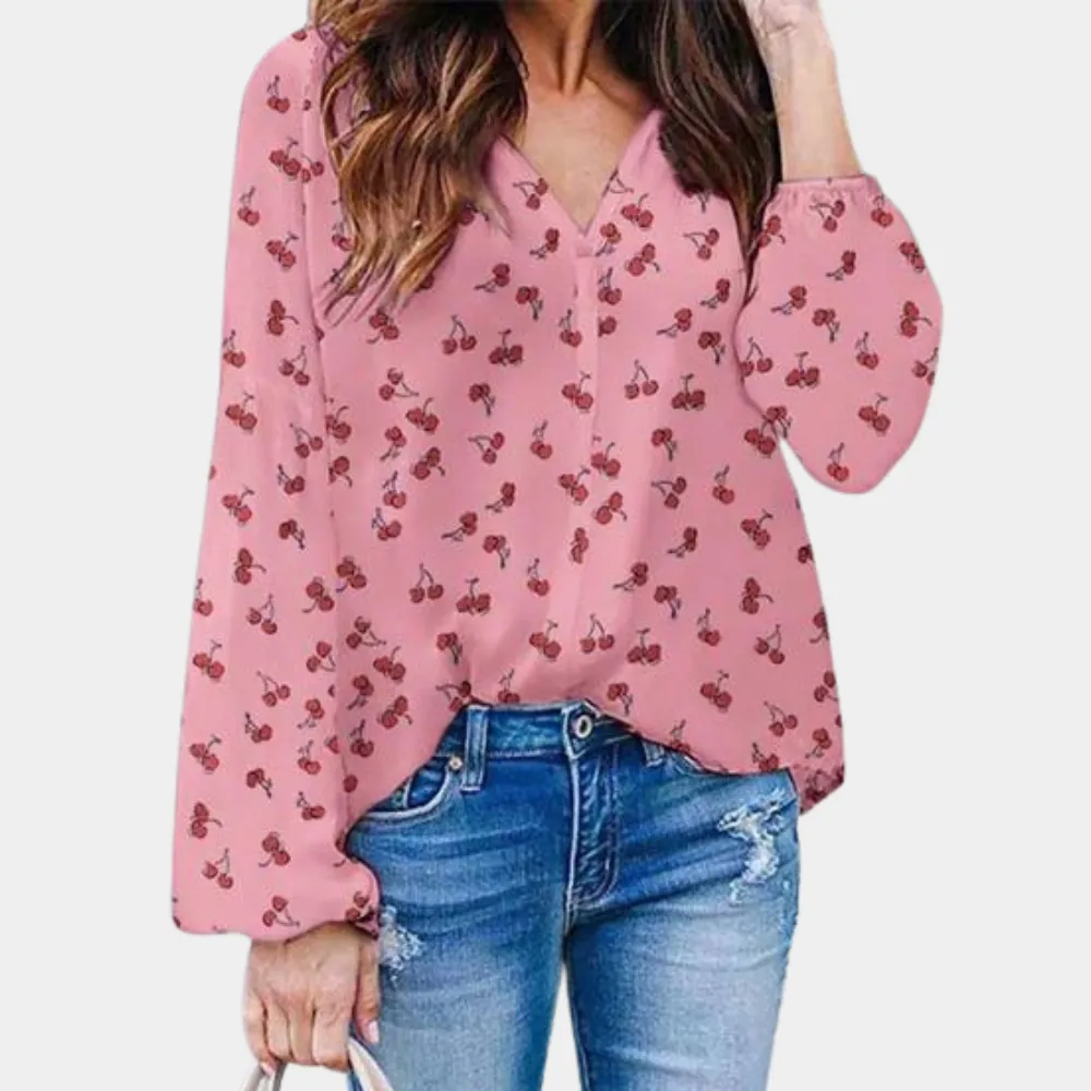 Cherry Blossom™ | Women's Lightweight Blouse | V-Neckline, Long Sleeve, Casual Cherry Print Design