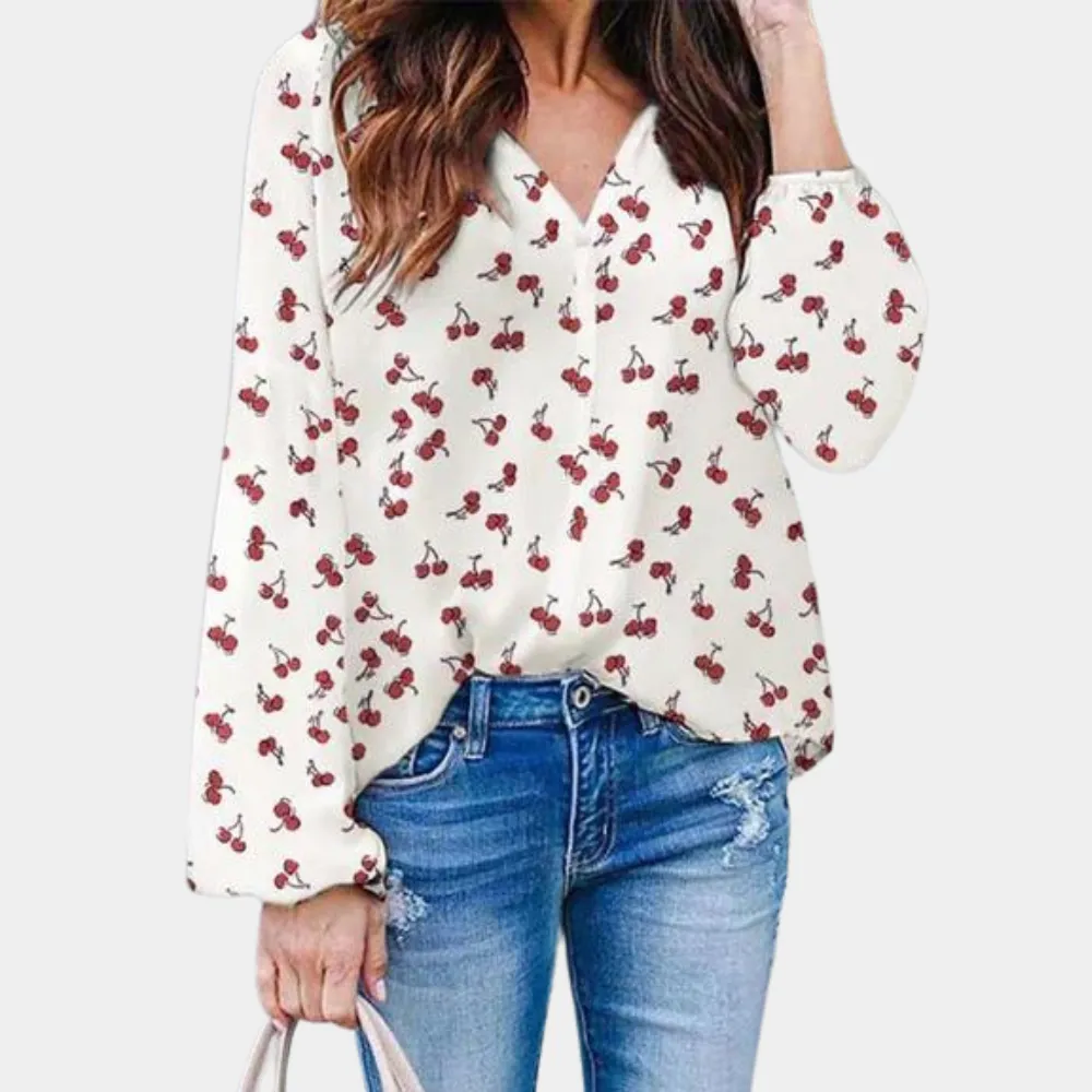 Cherry Blossom™ | Women's Lightweight Blouse | V-Neckline, Long Sleeve, Casual Cherry Print Design