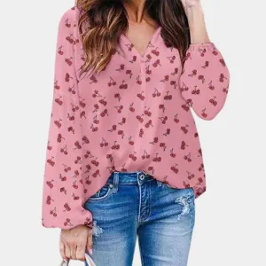 Cherry Blossom™ | Women's Lightweight Blouse | V-Neckline, Long Sleeve, Casual Cherry Print Design