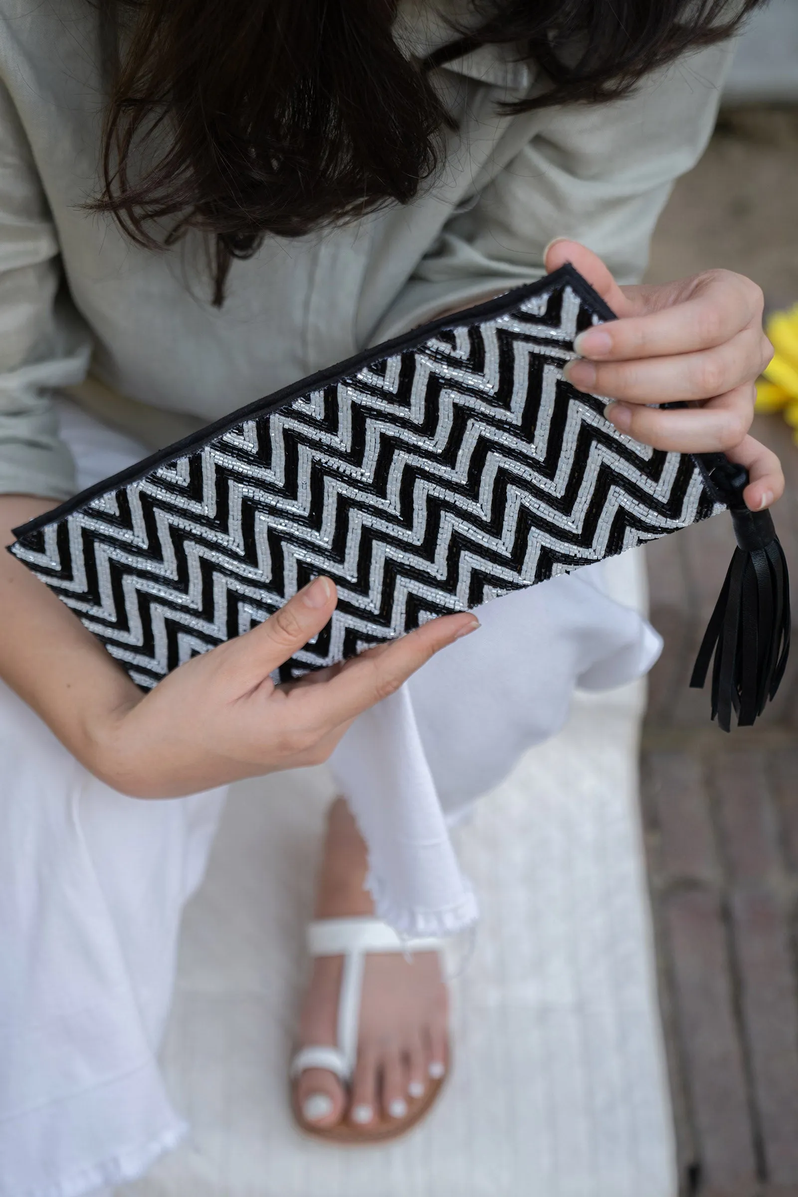 Chevron Foldover Monochrome Beaded Clutch