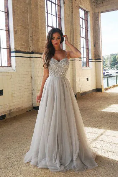 Chic A-line Spaghetti Straps Sleeveless Beading Long Prom Dress/Evening Dress OHC190