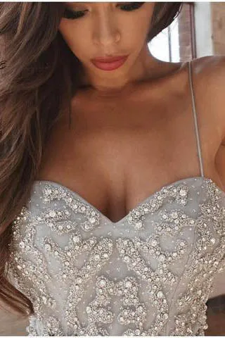 Chic A-line Spaghetti Straps Sleeveless Beading Long Prom Dress/Evening Dress OHC190
