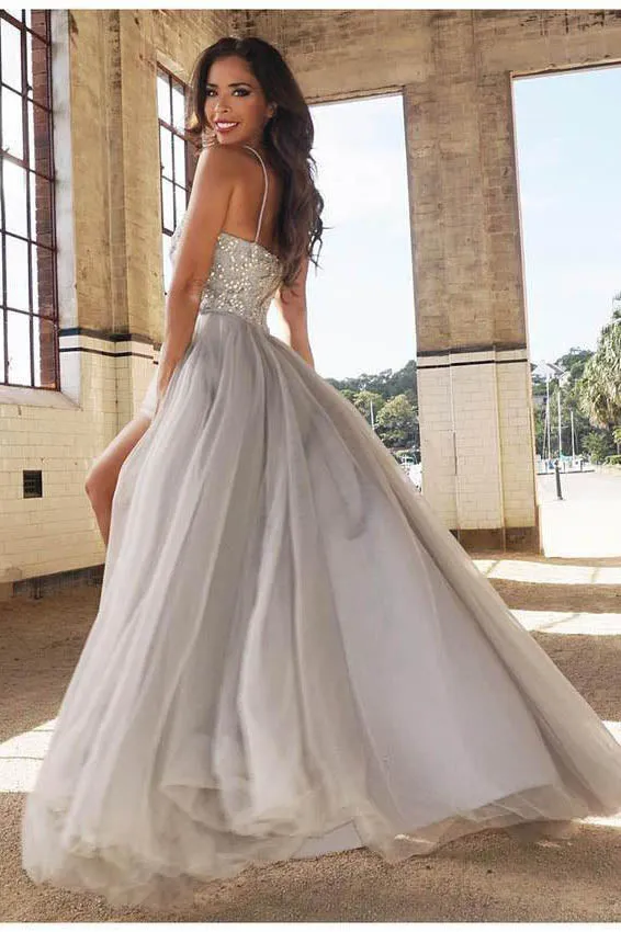 Chic A-line Spaghetti Straps Sleeveless Beading Long Prom Dress/Evening Dress OHC190