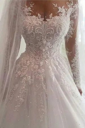 Chic Ball Gown Scoop Long Sleeves Bridal Gown Wedding Dresses with Beading Appliques OHD138