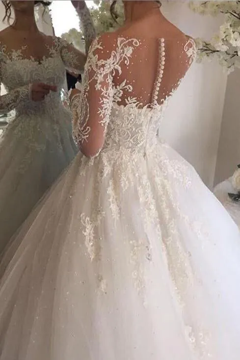 Chic Ball Gown Scoop Long Sleeves Bridal Gown Wedding Dresses with Beading Appliques OHD138