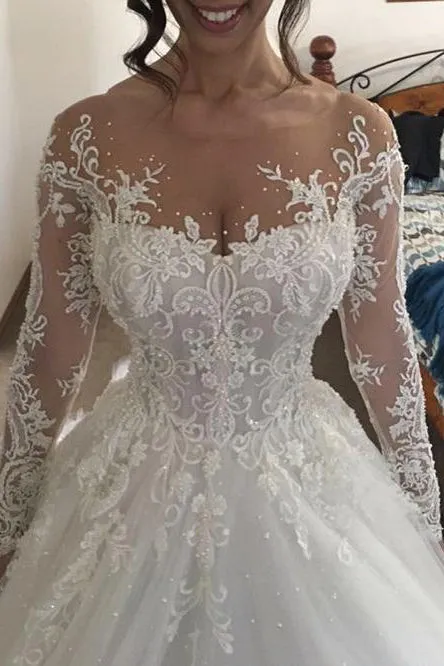 Chic Ball Gown Scoop Long Sleeves Bridal Gown Wedding Dresses with Beading Appliques OHD138