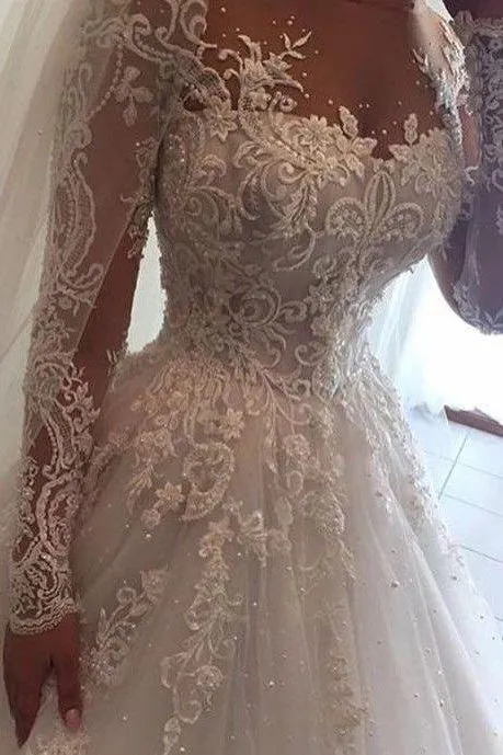 Chic Ball Gown Scoop Long Sleeves Bridal Gown Wedding Dresses with Beading Appliques OHD138