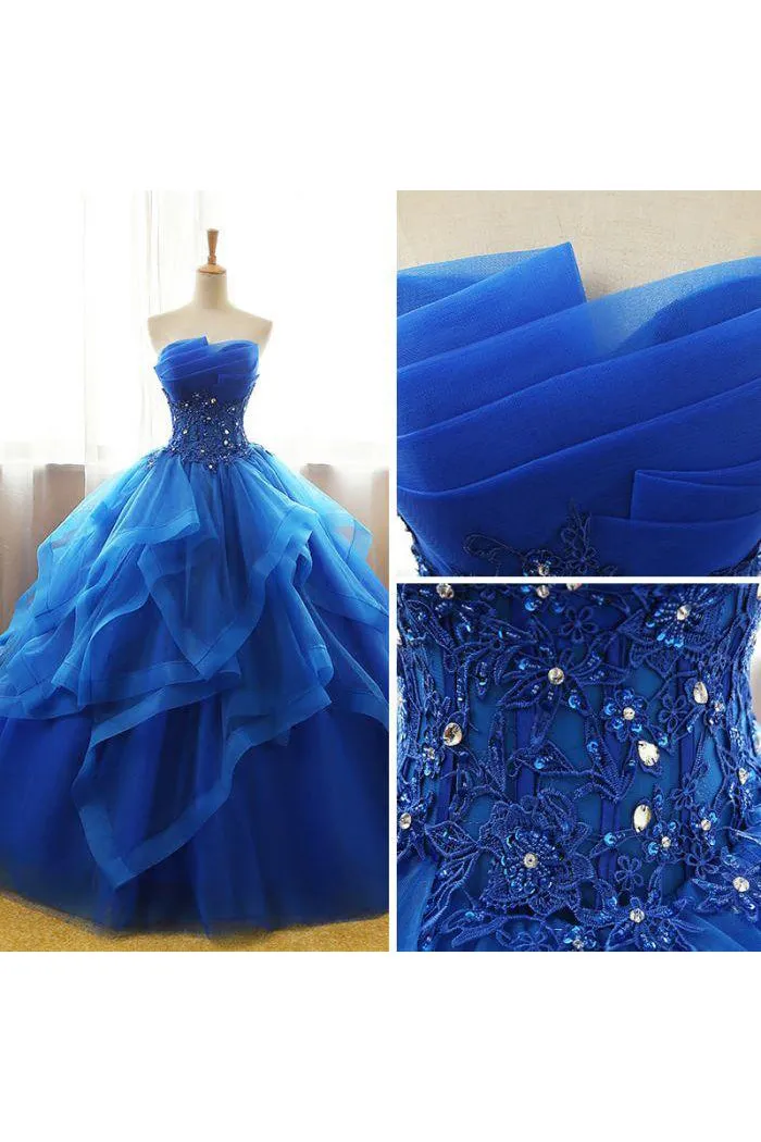 Chic Ball Gowns Strapless Royal Blue Sleeveless Beading Applique Long Tulle Prom Dress Evening Dress OHC279