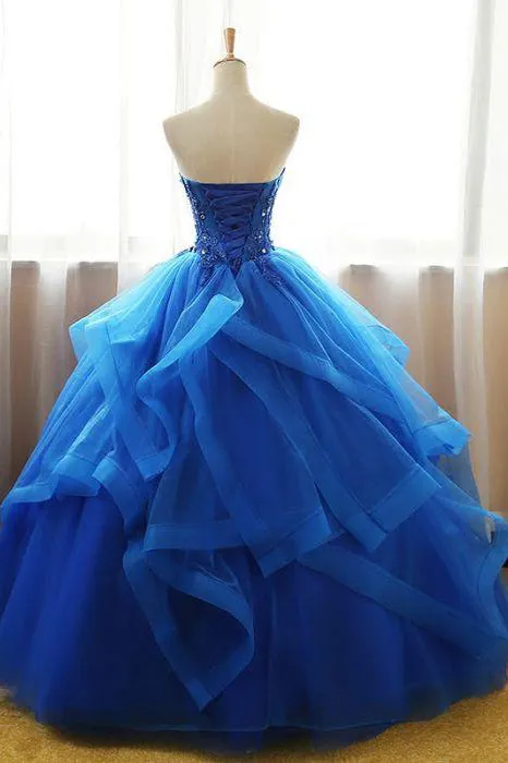 Chic Ball Gowns Strapless Royal Blue Sleeveless Beading Applique Long Tulle Prom Dress Evening Dress OHC279