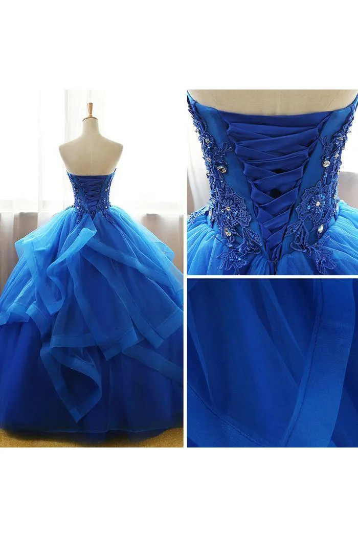 Chic Ball Gowns Strapless Royal Blue Sleeveless Beading Applique Long Tulle Prom Dress Evening Dress OHC279