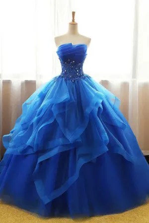 Chic Ball Gowns Strapless Royal Blue Sleeveless Beading Applique Long Tulle Prom Dress Evening Dress OHC279