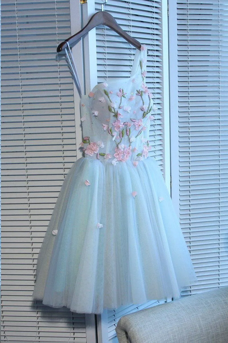 Chic Homecoming Dresses One Shoulder Sleeveless Tulle Short Prom Dress Beautiful Party Dress  OHM115