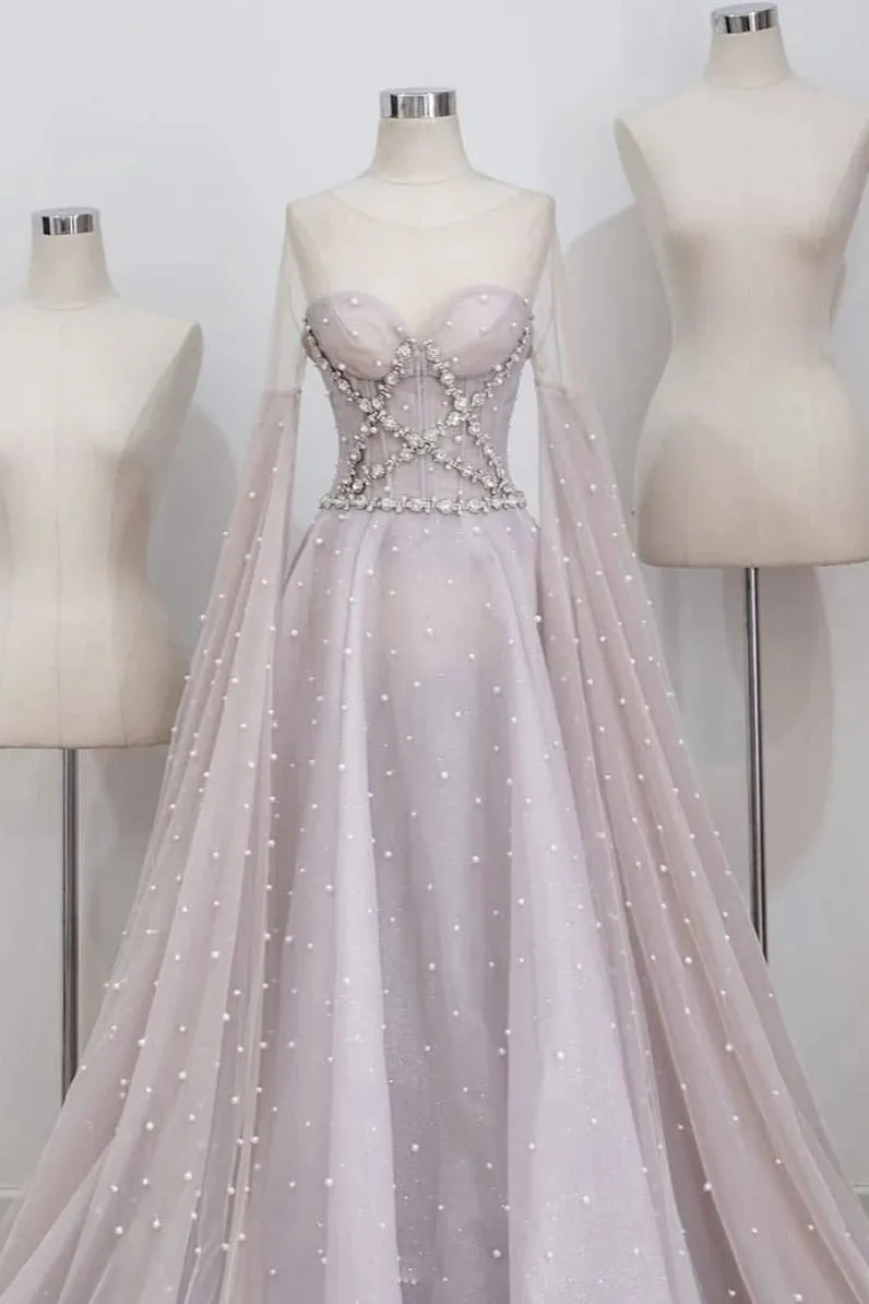Chic Long Sleeve Prom Dress Long Luxury Beaded A Line Prom Evening Dress CTB1613