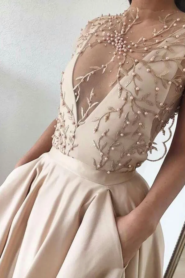 Chic Prom Dresses A Line Sweep Train Short Sleeves Pockets Embroidery Beading Long Satin Prom Dresses OHC318