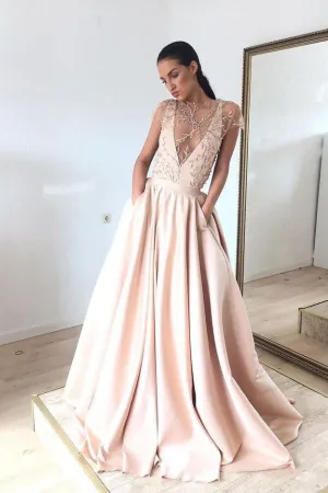 Chic Prom Dresses A Line Sweep Train Short Sleeves Pockets Embroidery Beading Long Satin Prom Dresses OHC318