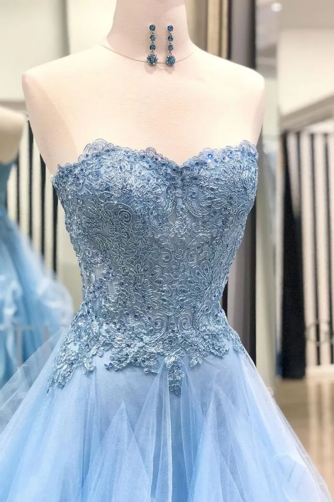 Chic Prom Dresses Sweetheart Sky Blue Ruffles Sleeveless Applique Lace Tulle Prom Dress Sexy Evening Dress OHC313