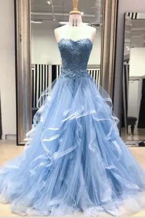 Chic Prom Dresses Sweetheart Sky Blue Ruffles Sleeveless Applique Lace Tulle Prom Dress Sexy Evening Dress OHC313