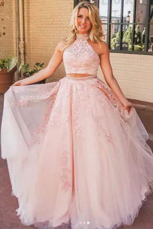 Chic Two Piece High Neck Sleeveless Prom Dresses with Appliques Beading OHC165