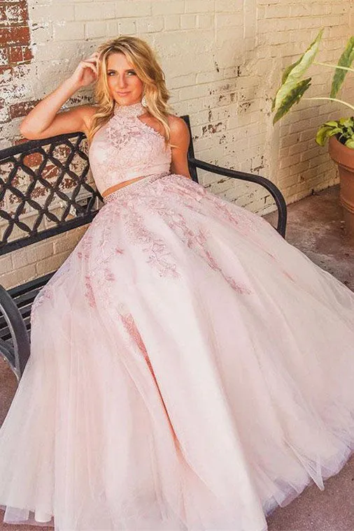 Chic Two Piece High Neck Sleeveless Prom Dresses with Appliques Beading OHC165