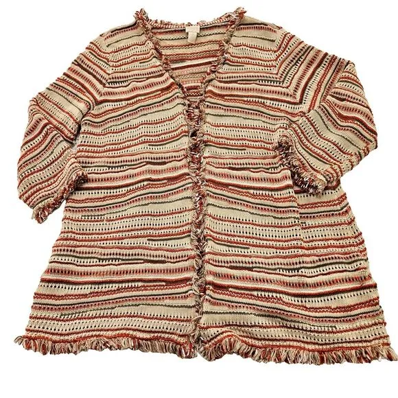 Chico's Women's Striped Zigzag Knit Eyelet Fringe Hem Cardigan Sweater Sz‎ 4/XXL