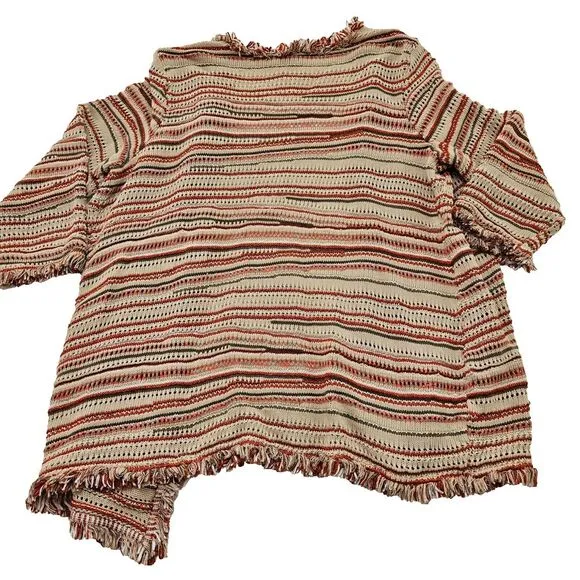Chico's Women's Striped Zigzag Knit Eyelet Fringe Hem Cardigan Sweater Sz‎ 4/XXL