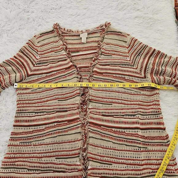 Chico's Women's Striped Zigzag Knit Eyelet Fringe Hem Cardigan Sweater Sz‎ 4/XXL