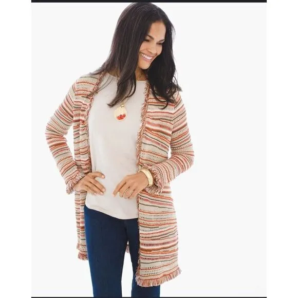 Chico's Women's Striped Zigzag Knit Eyelet Fringe Hem Cardigan Sweater Sz‎ 4/XXL