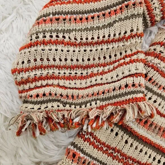 Chico's Women's Striped Zigzag Knit Eyelet Fringe Hem Cardigan Sweater Sz‎ 4/XXL