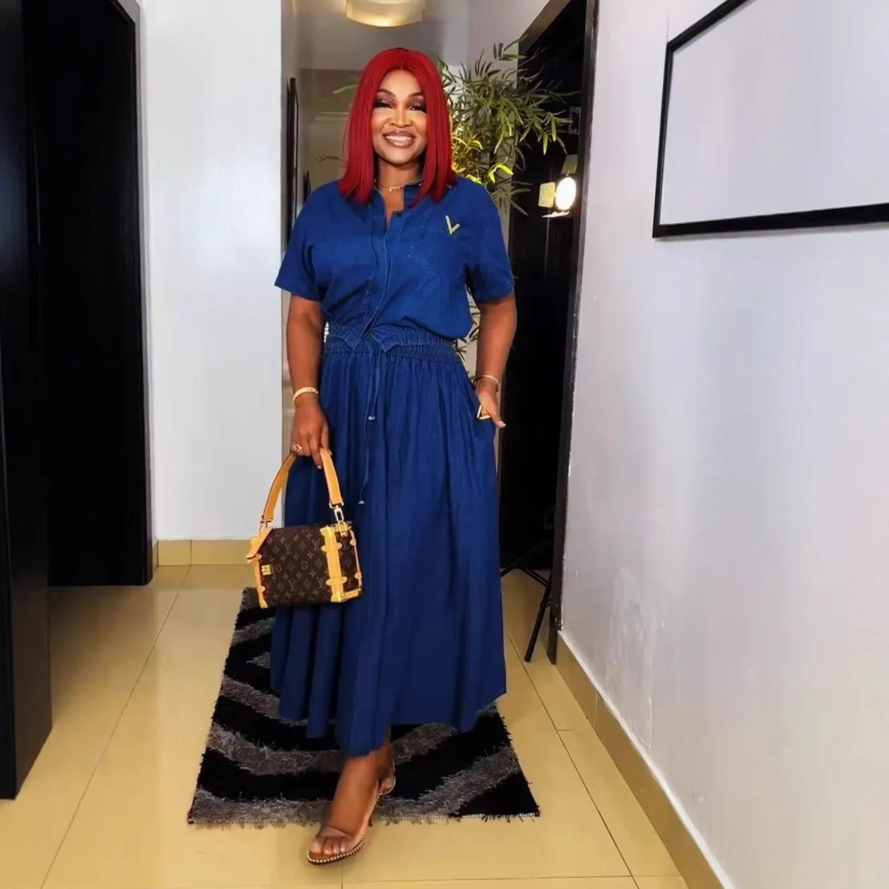 Classic Denim Two-Piece Set with Short Sleeve Shirt and Long Skirt