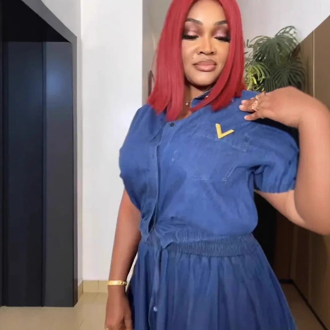 Classic Denim Two-Piece Set with Short Sleeve Shirt and Long Skirt