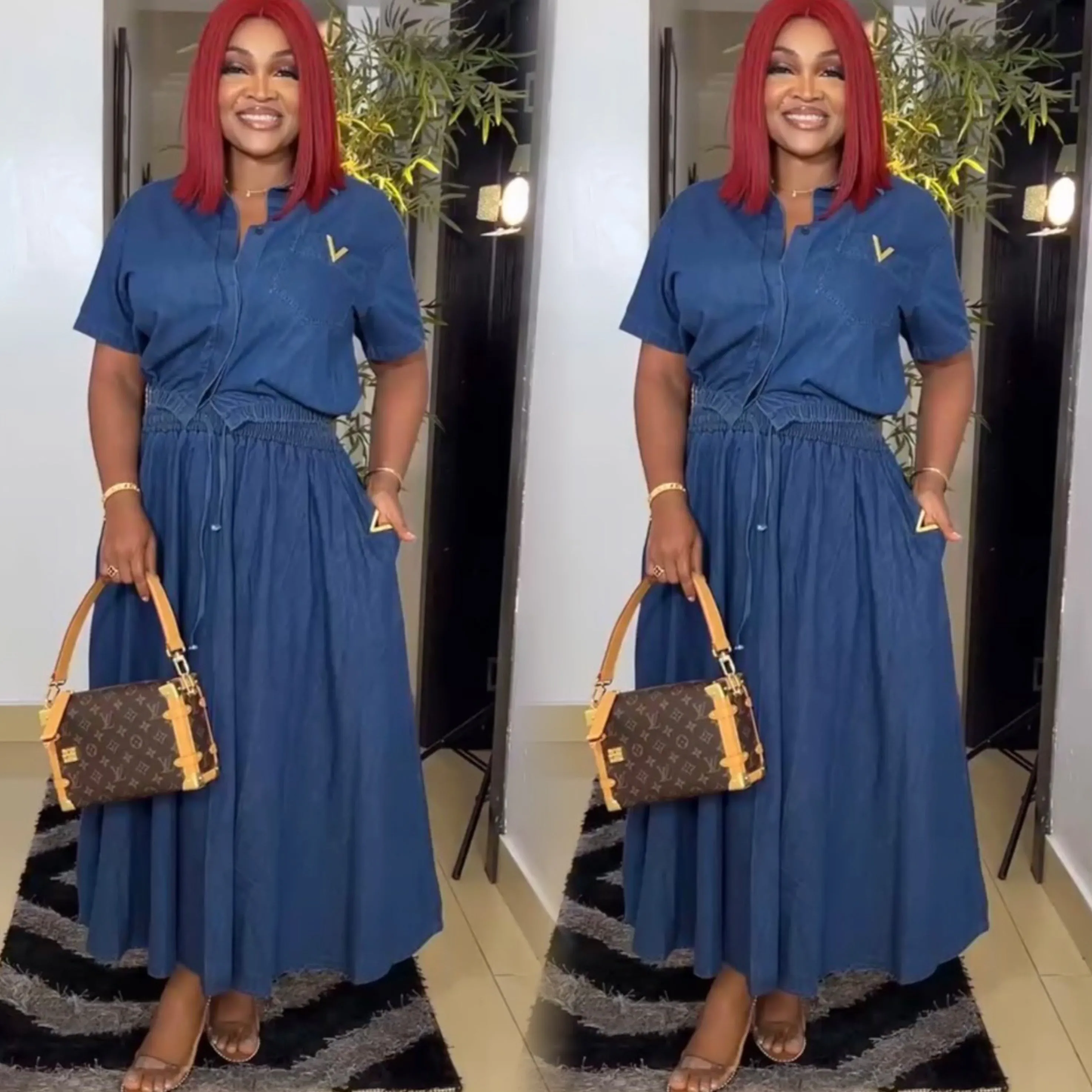Classic Denim Two-Piece Set with Short Sleeve Shirt and Long Skirt