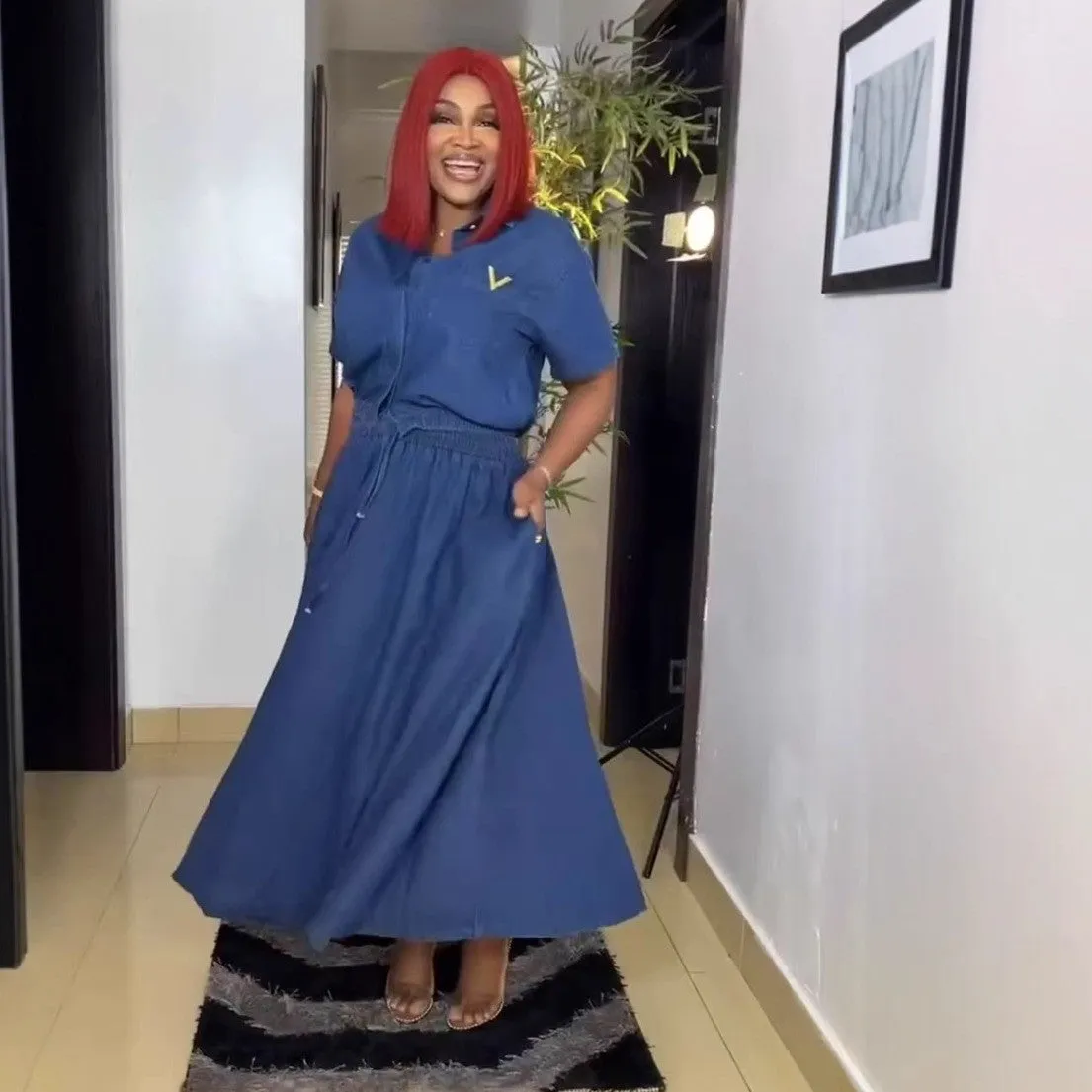 Classic Denim Two-Piece Set with Short Sleeve Shirt and Long Skirt