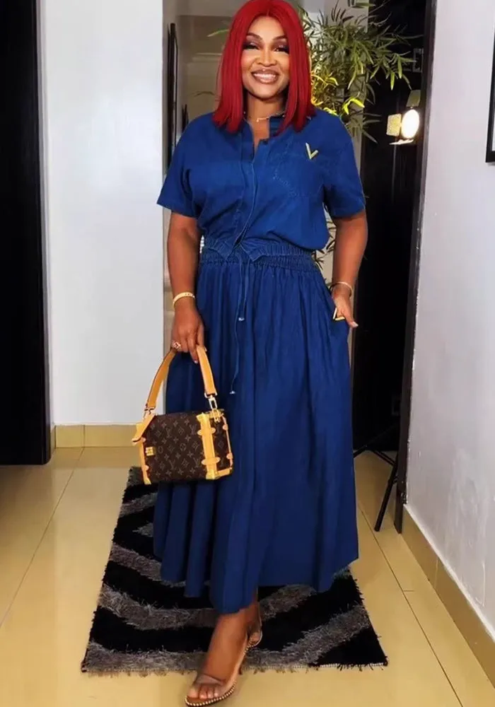 Classic Denim Two-Piece Set with Short Sleeve Shirt and Long Skirt