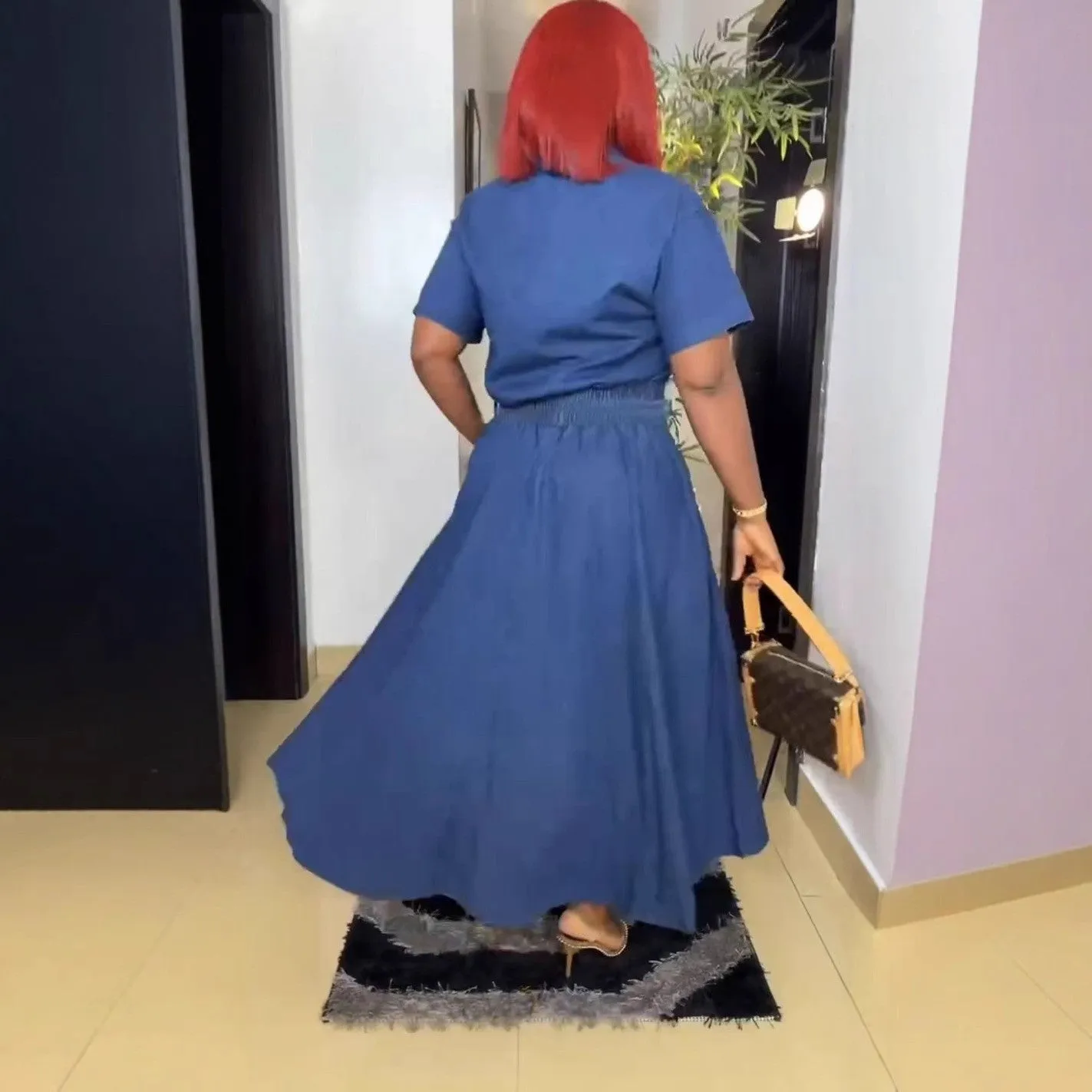 Classic Denim Two-Piece Set with Short Sleeve Shirt and Long Skirt