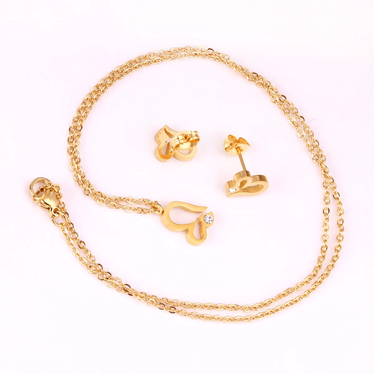 Clear Cubic Zirconia & 18K Gold-Plated Heart Stud Earrings & Pendant Necklace