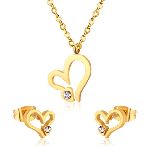 Clear Cubic Zirconia & 18K Gold-Plated Heart Stud Earrings & Pendant Necklace