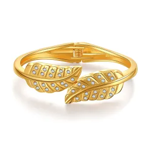 Clear Cubic Zirconia & 18K Gold-Plated Leaves Hinged Bypass Bangle