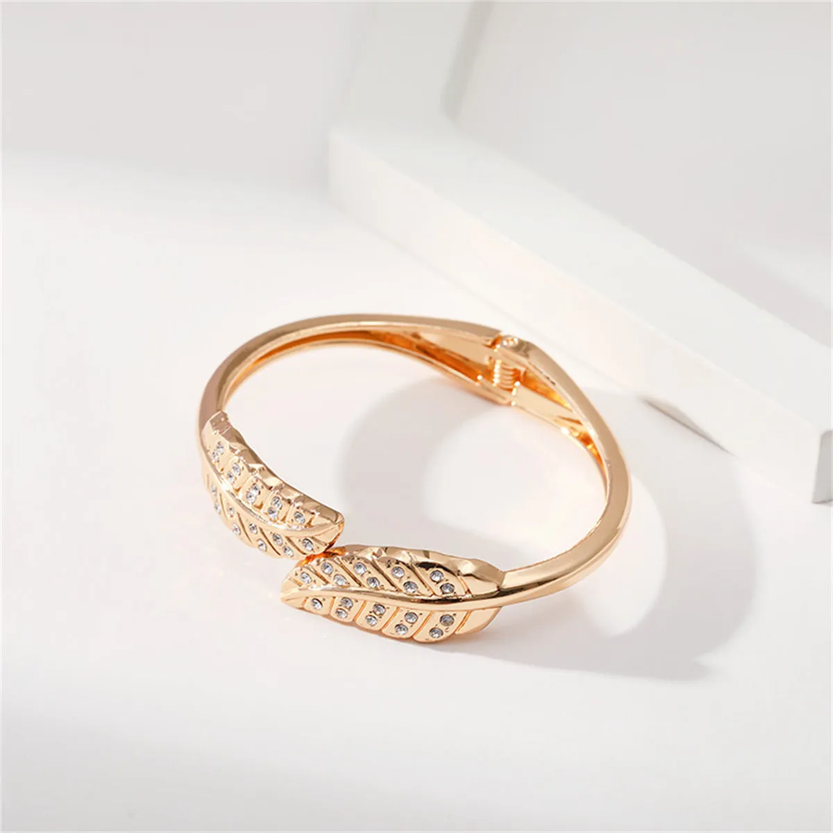 Clear Cubic Zirconia & 18K Gold-Plated Leaves Hinged Bypass Bangle