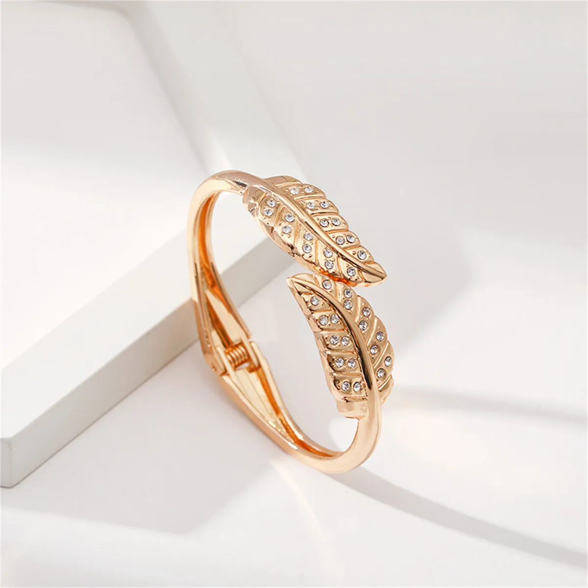 Clear Cubic Zirconia & 18K Gold-Plated Leaves Hinged Bypass Bangle