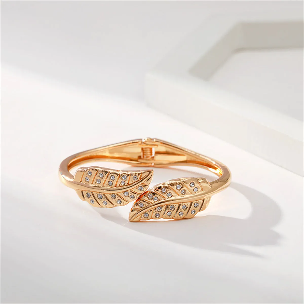 Clear Cubic Zirconia & 18K Gold-Plated Leaves Hinged Bypass Bangle