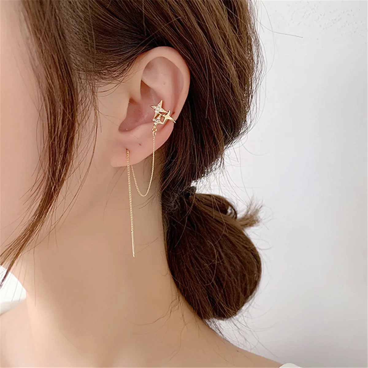 Clear Cubic Zirconia & 18K Gold-Plated Star Stud Earrings & Earring Jacket