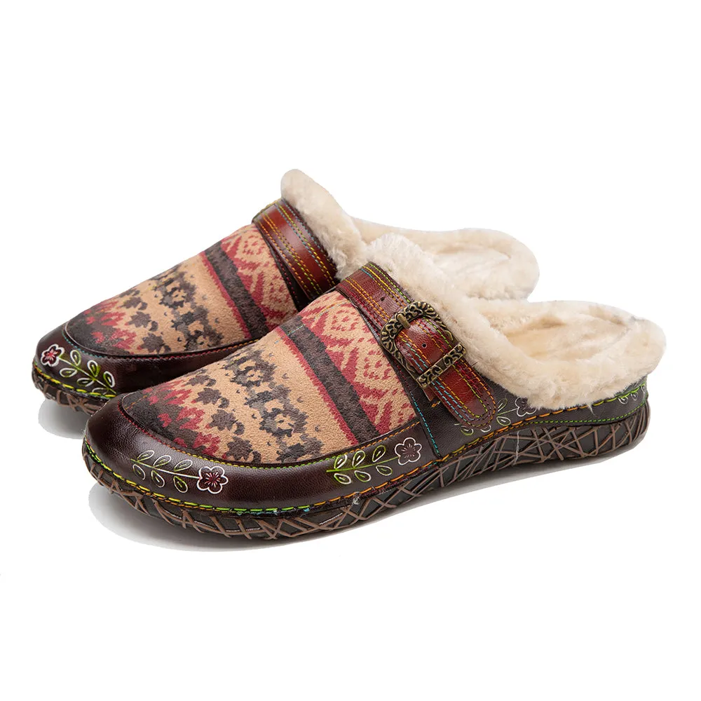 CrazycatZWomens Leather Clogs Sandals, Colorful Bohemian Mules Fleece lined Clog