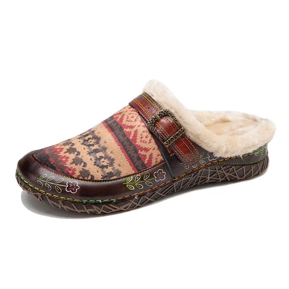 CrazycatZWomens Leather Clogs Sandals, Colorful Bohemian Mules Fleece lined Clog