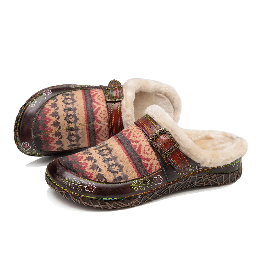 CrazycatZWomens Leather Clogs Sandals, Colorful Bohemian Mules Fleece lined Clog