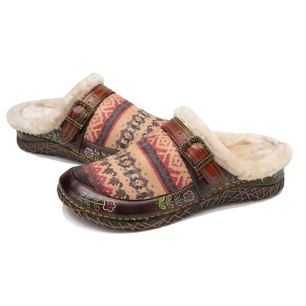 CrazycatZWomens Leather Clogs Sandals, Colorful Bohemian Mules Fleece lined Clog