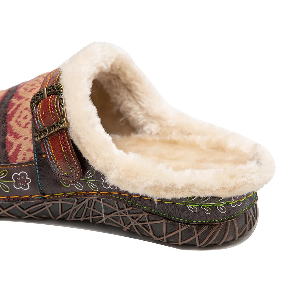 CrazycatZWomens Leather Clogs Sandals, Colorful Bohemian Mules Fleece lined Clog