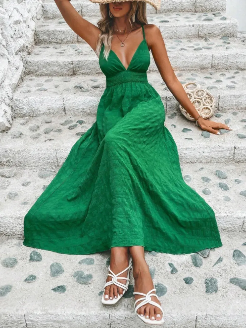Crisscross Back Smocked Maxi Cami Dress