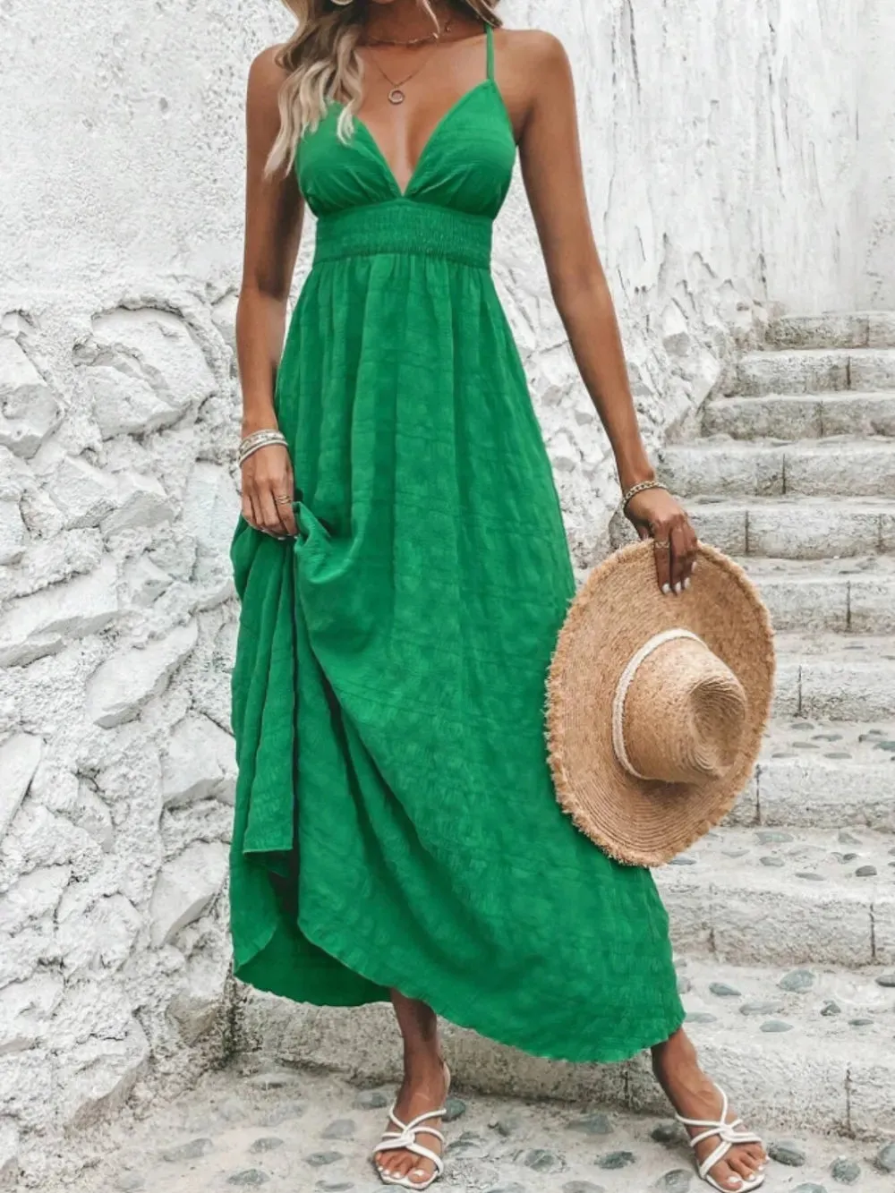 Crisscross Back Smocked Maxi Cami Dress