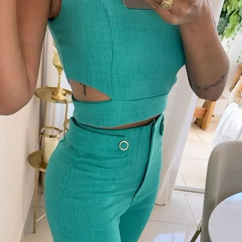 Crop Top Luna™ | Women's Two-Piece Set | Sleeveless Crop Top & High-Waisted Wide-Leg Trousers, Lightweight Fabric